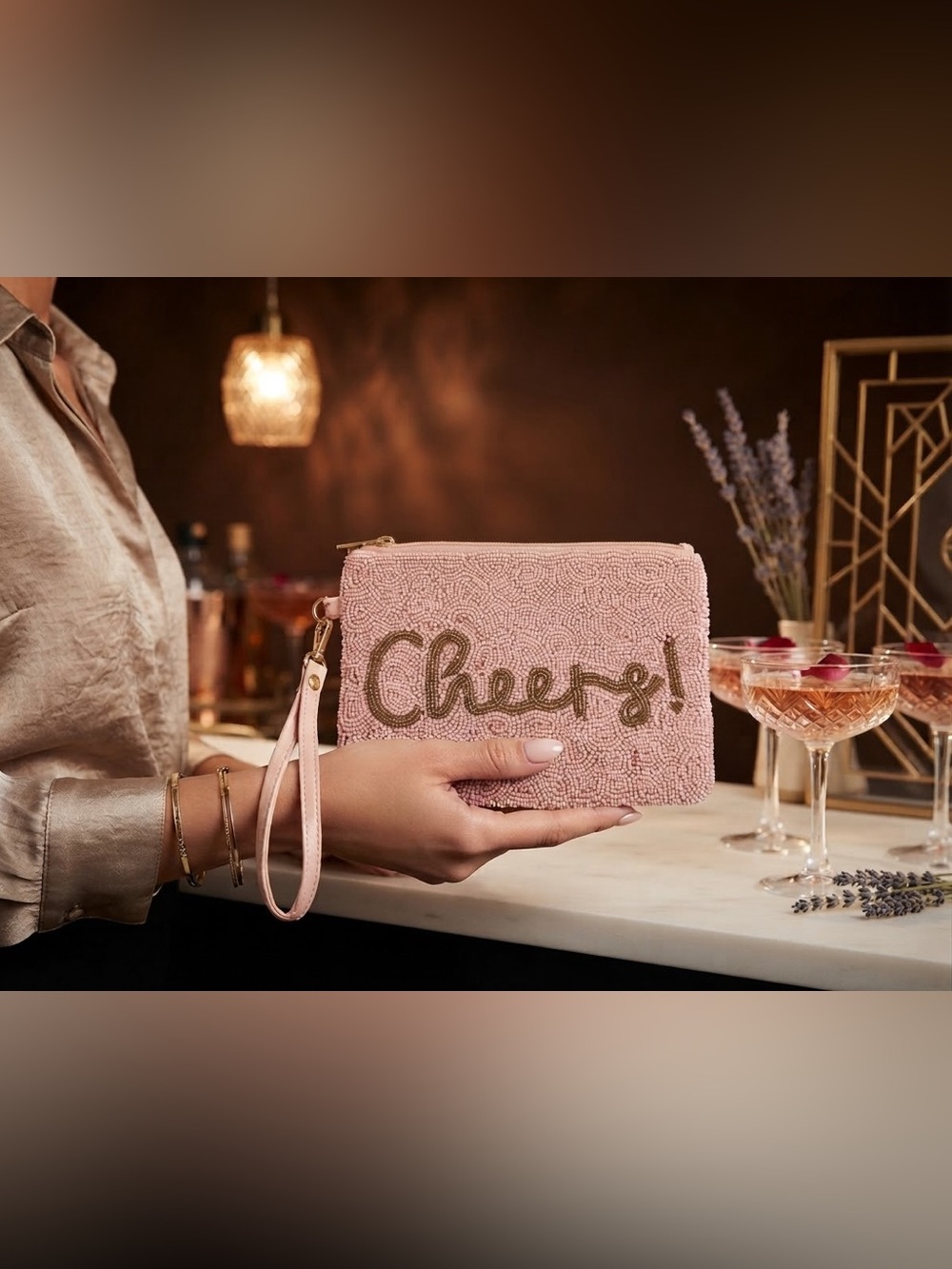 House of Harlow 1960 Pink Beaded 'Cheers' Wristlet Clutch